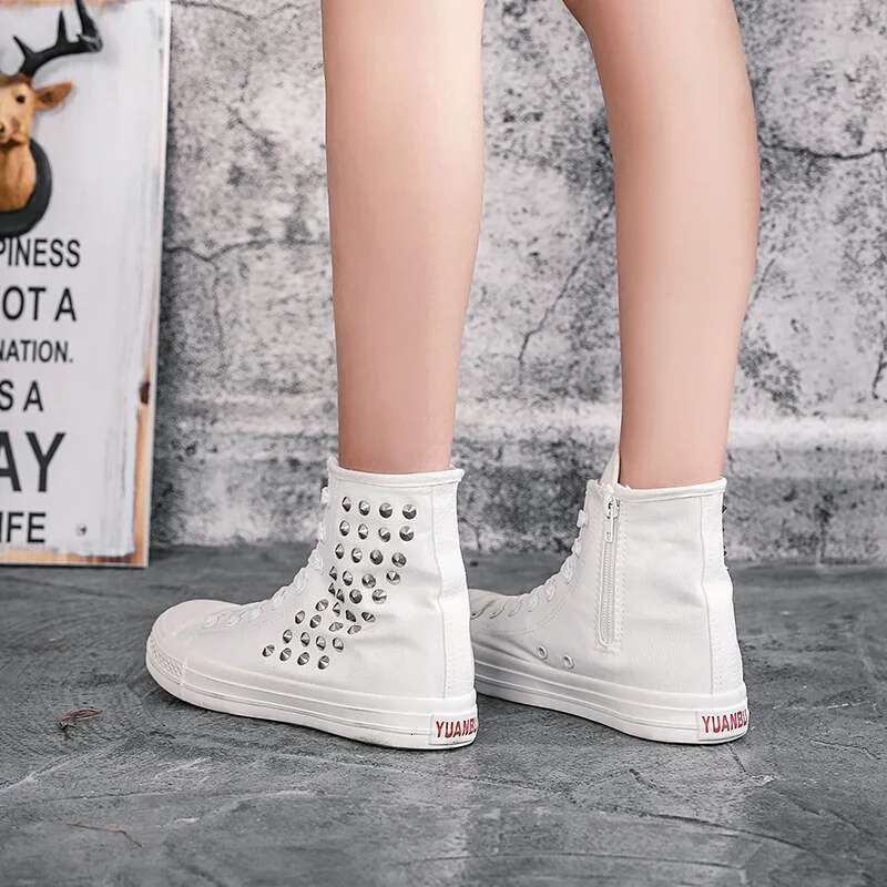 Spring new medium-sized lace-up side zipper rivet breathable short canvas flat inner heightening large size women's shoes