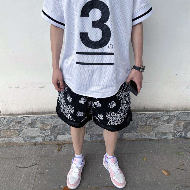 Askyurself military fabric washed worn, cashew flower print trendy brand hip-hop and pop loose shorts, men's five quarter pants