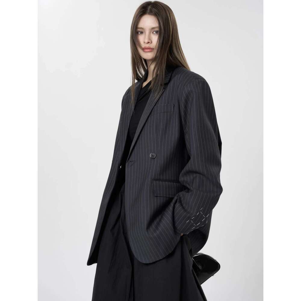 Women's Casual Striped Pocket Decoration Double Breasted Loose Jacket Blazer