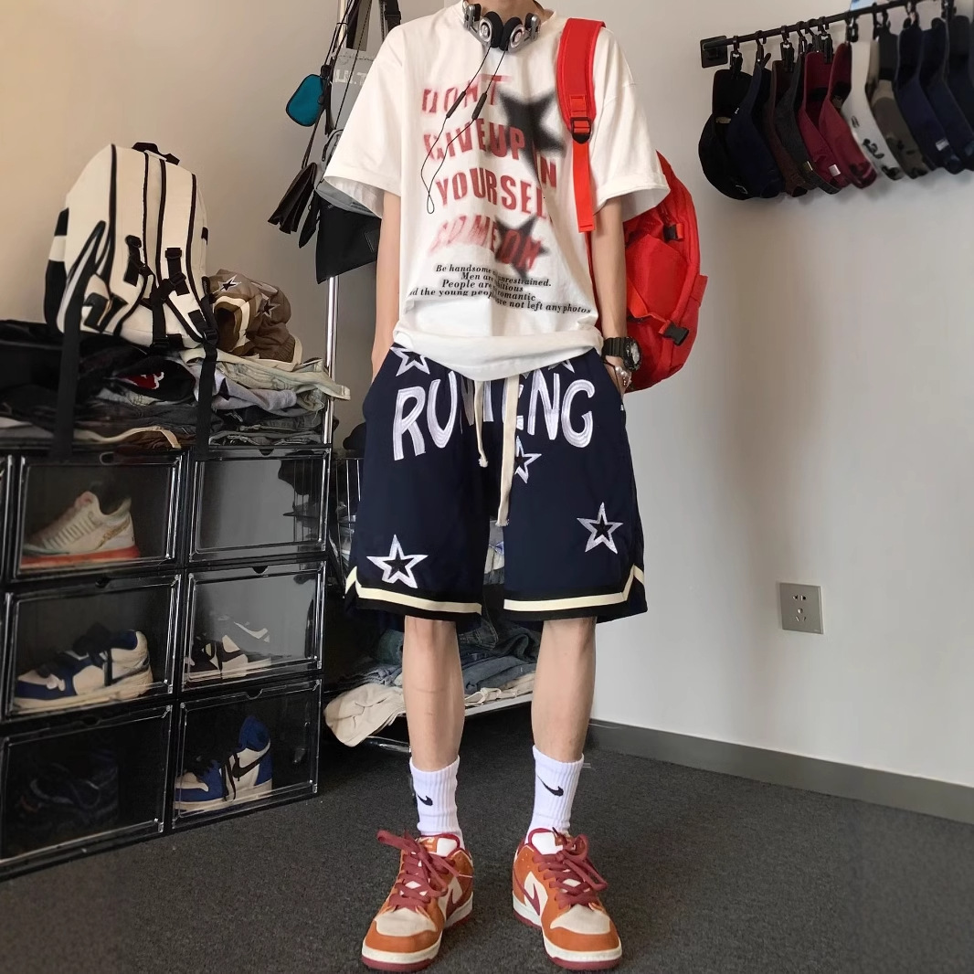 American Street Star Letter Embroidered Sports Shorts, Men's and Women's Trendy Brand Versatile Casual Loose 5/4 Pants