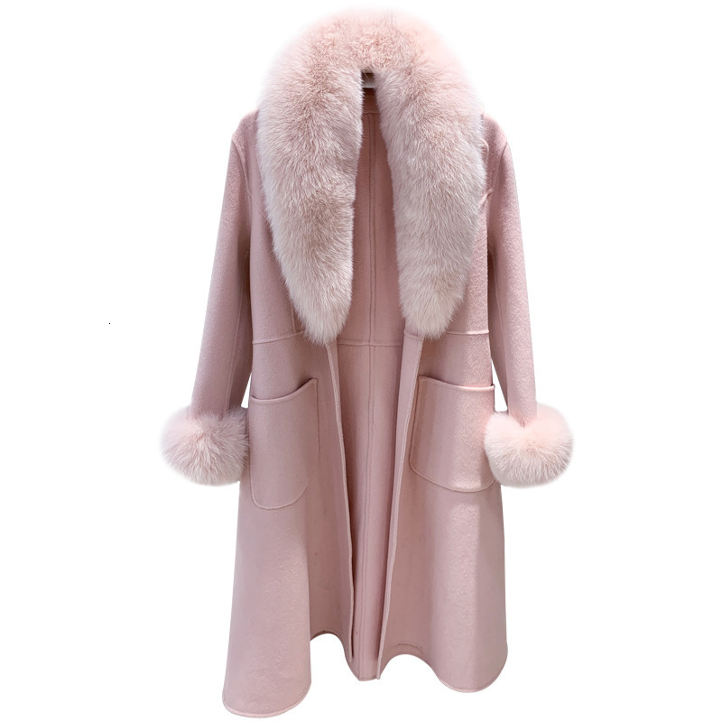 Fashion Women Woolen Coat Winter Slim Solid Pocket Double-Breasted Big Fur Collar Thick Warm Woolen Coat Female Outwear 240822