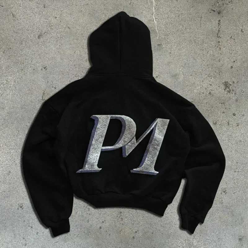 Y2k Fashion Hoodie New Harajuku Hip Hop PM Printed Long Sleeve Coat Loose Zipper Hoodie Retro Sportswear Mens Street Clothing M250425