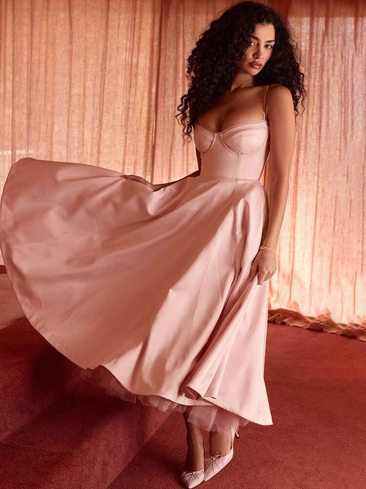 Dongdumaoyi Townlike Elegant Midi Long Mesh A Line Dress Women Spaghetti Strap Summer Backless Nightclub Sexy Party Dresses