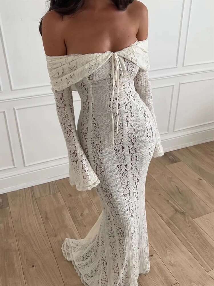 Dongdumaoyi Townlike Elegant Mermaid White Lace Dress Women Off Shoulder Autumn Winter Slim Bodycon Maxi Long Sexy Party Dresses