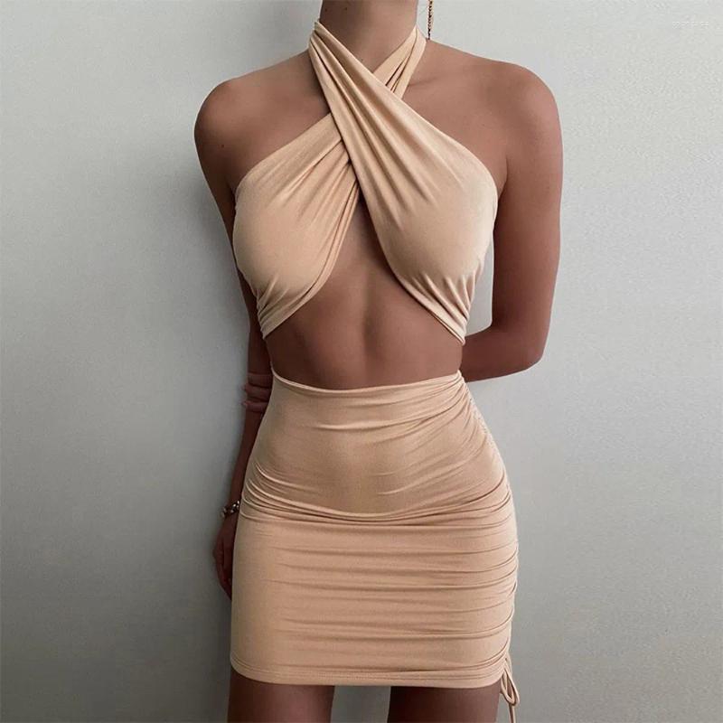 Casual Dresses Women Sleeveless Sexy & Club Halter Backless Pleated Mini Dress 210702