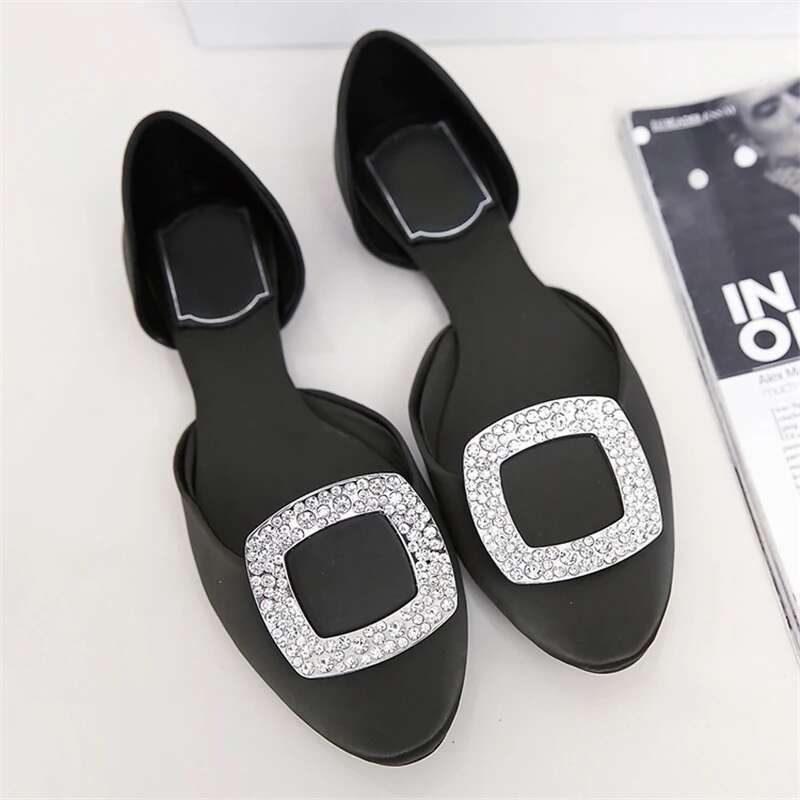Spring and summer new round toe hollow rhinestone buckle flat silk shoes banquet daily large small size women's sandals