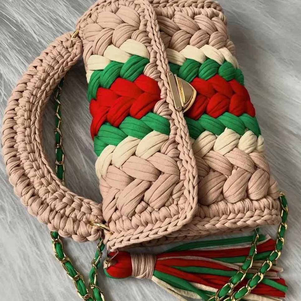 Womens wallet fabric womens bag summer bright color splicing chain tassel pure handmade crochet bag luxury designer handbag W250421