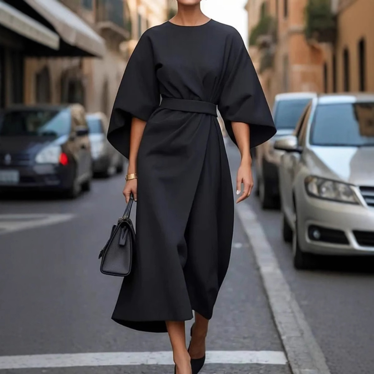 2025 Womens Fashion Elegant Solid Color Waist Dress Casual Bat Sleeve Long Dress