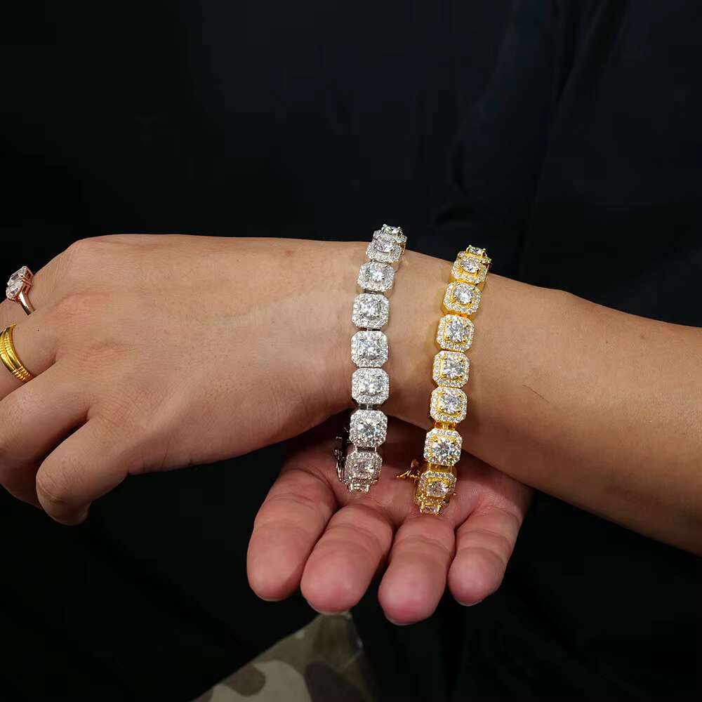 Hip Hop Moissanite Clustered Tennis Bracelet Yellow / White Gold Plated Square Clustered Cuban Chain Bracelet Bangle 925 Silver