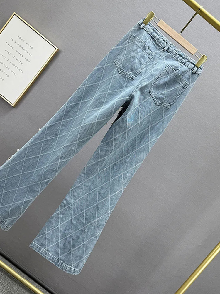 Womens jeans high waisted embroidered flame plain pearl straight bead pendant jeans fashion for autumn 250422