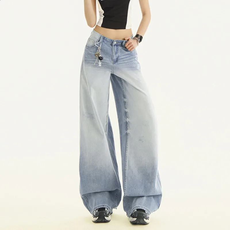 Womens loose retro long jeans mid waist torn wide leg straight 250417