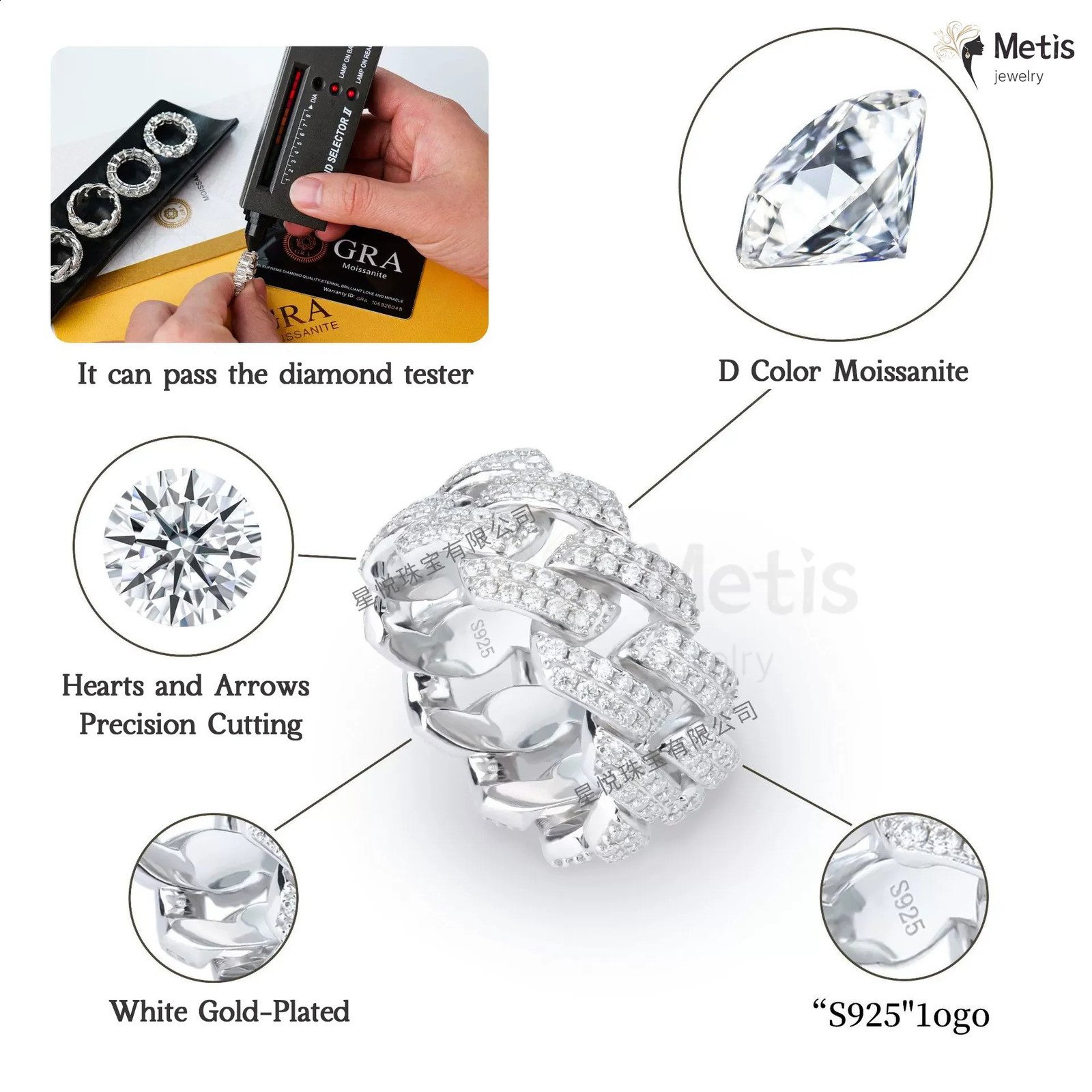Gra Certified Full Diamond Cuban Rings for Men Women 100% 925 Sterling Silver Hip Hop Double Row Band Ring 250425