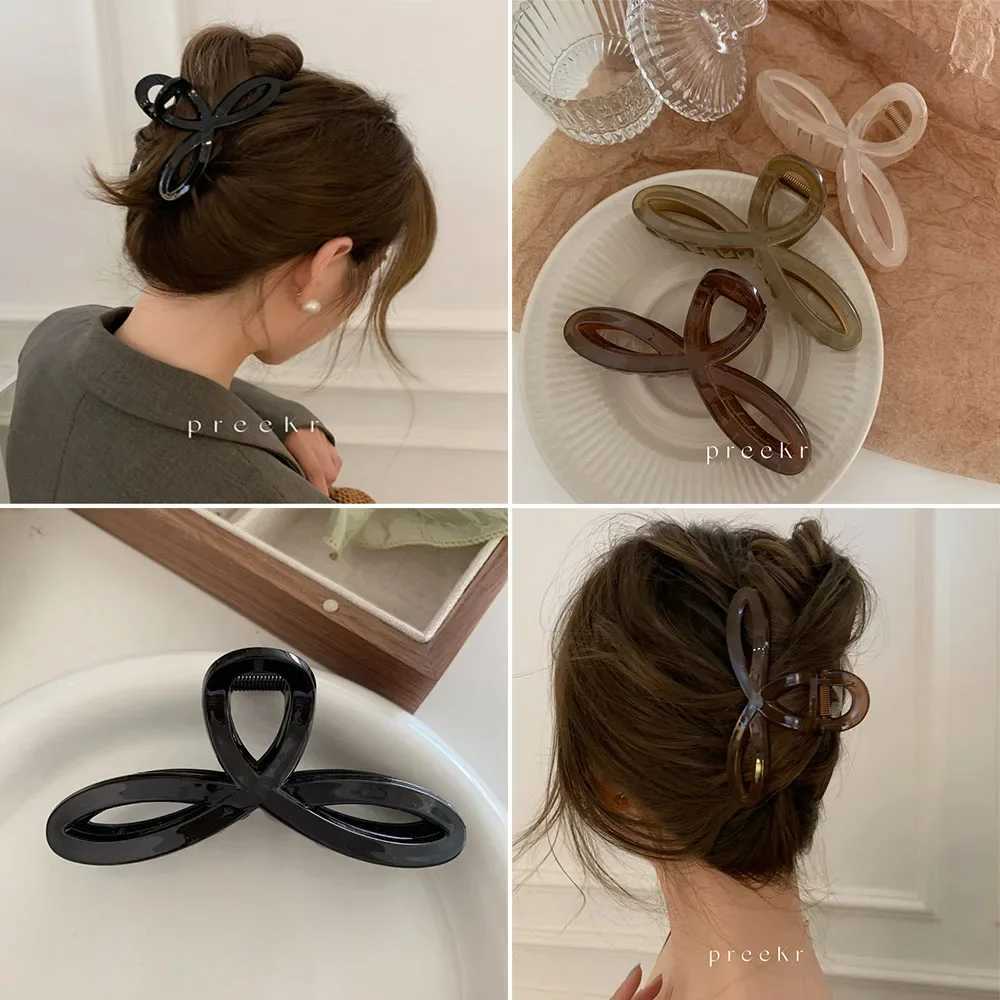 Elegant bow shark clip fashionable back of the head hair clip retro ponytail fixed female hair clip simple hollow geometric hair clipT250425
