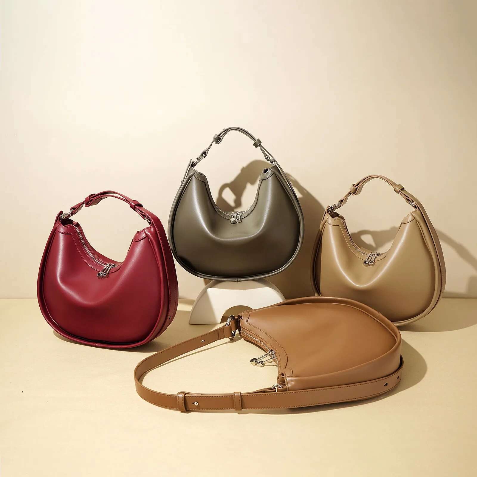 Zency Women's Genuine Leather Shoulder Hobo Bag 2025 Designer Handbag Roomy Pockets For Girls Wife Lover Khaki Grey