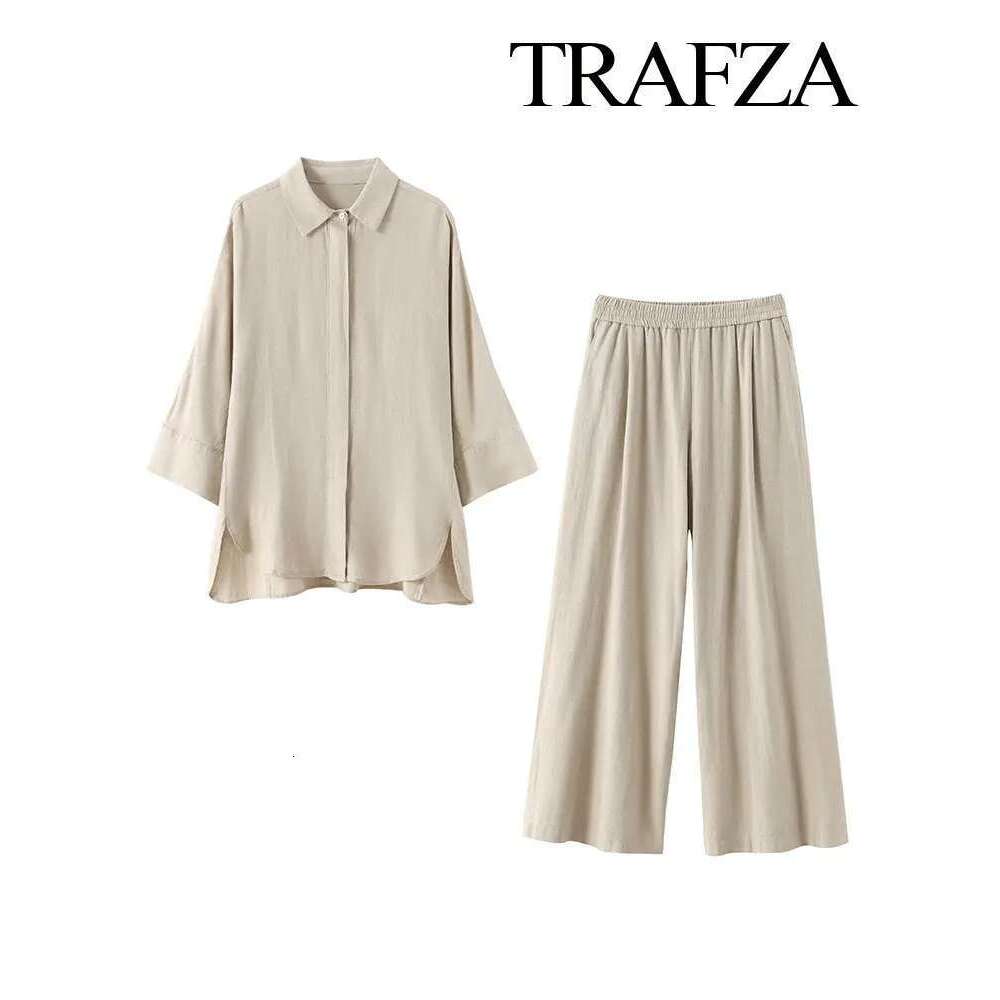 TRAFZA 2024 Women 2 Piece Set Elastic Waist Pocket Folds Decorate Wide Leg Pants+Solid Single-Breasted Slit Hem Blouse Top