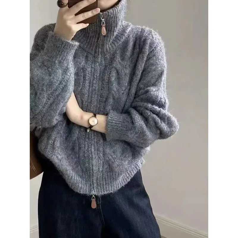Korean Double Zipper Solid Color Fried Dough Twists Turtleneck Women Retro Sweater Autumn Winter New Casual Knitted Cardigan 10T251125