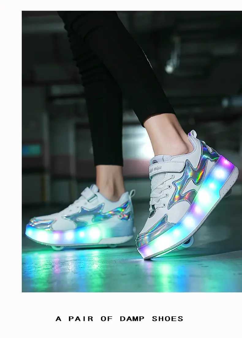 Childrens USB charging roller shoes with glowing sports shoelaces and wheels childrens roller skateboarding shoes W250425