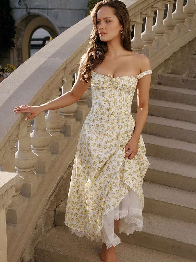 Dongdumaoyi Townlike Waist Wrap Print A Line Midi Long Dress Women Spaghetti Strap Spring Summer Backless Sexy Party Dresses