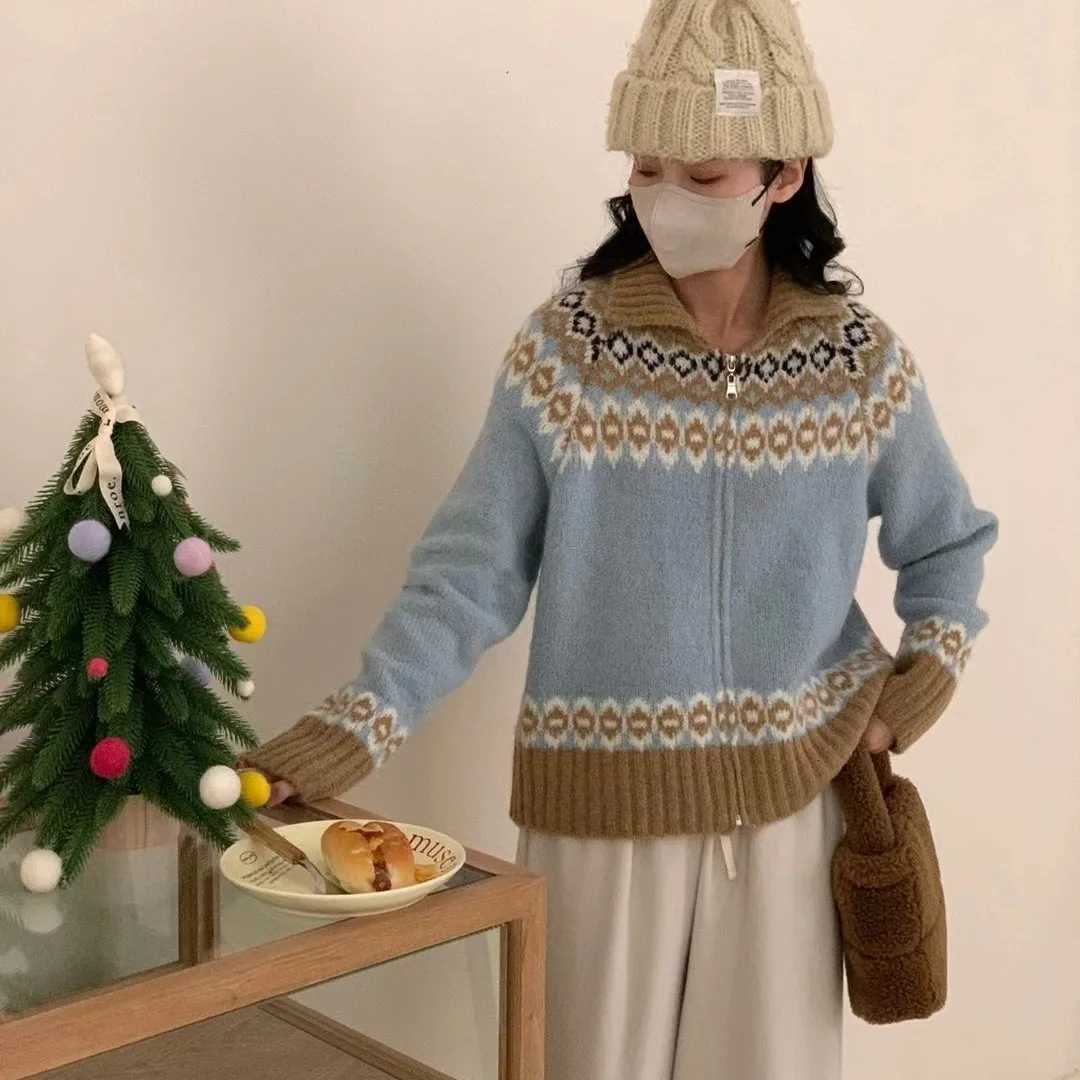 Women Print Knit Sweater Zipper Cardigan Turn Down Collar Full Sleeved Jumpers Sweaters Casual Splice Streetwear ThickT251125