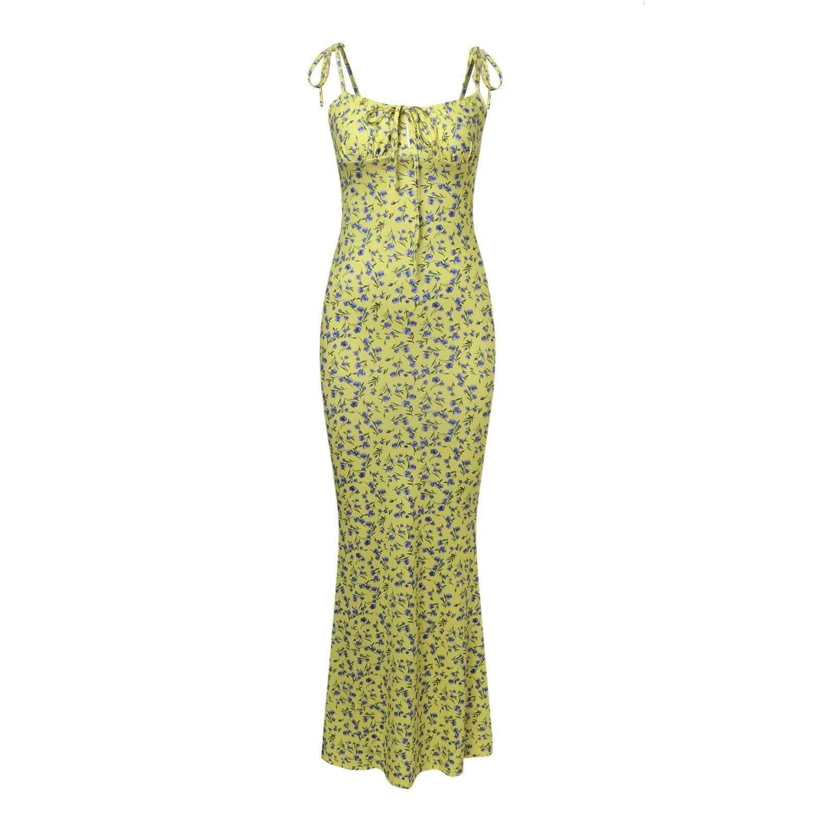 Dongdumaoyi Elegant Floral Print Sleeveless Backless Slips Lace Up Spaghetti Maxi Dress Sexy Slim Summer Holiday Fashion Party
