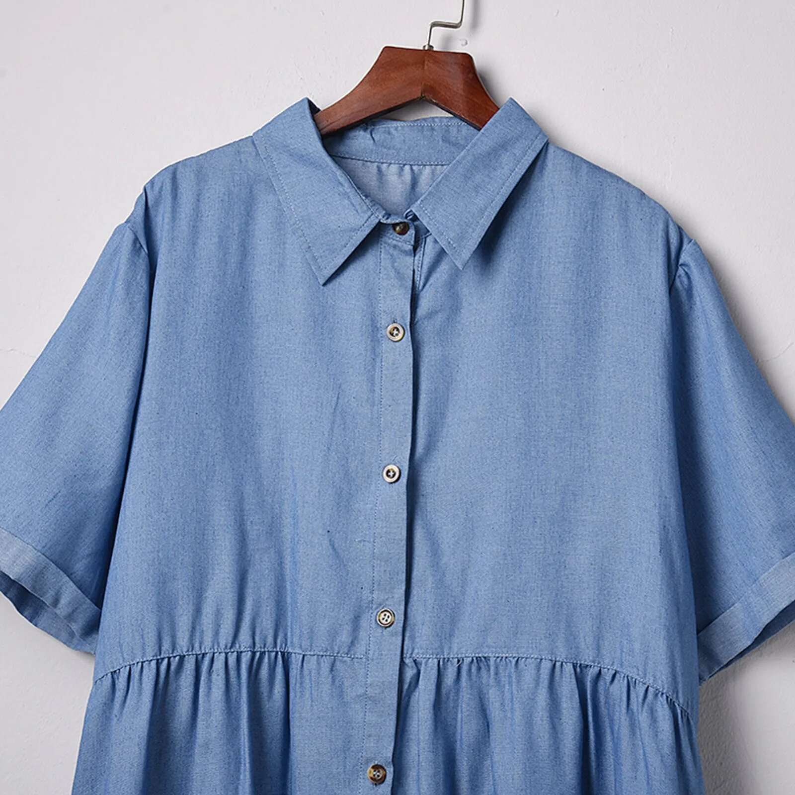 Dongdumaoyi Women Shirt Jean Dresses Short Sleeve Single Breasted Splicing Big Swing Denim A Line Dress Summer Vestidos Robe