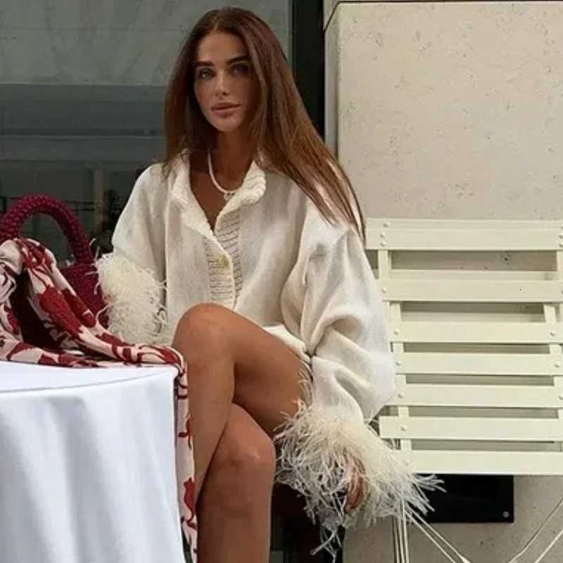 Feather Patchwork Cardigan Women Knit Fashion Single Breasted Turtleneck Loose Long Sleeve Top Sweaters Party Casual Chic CoatT251125