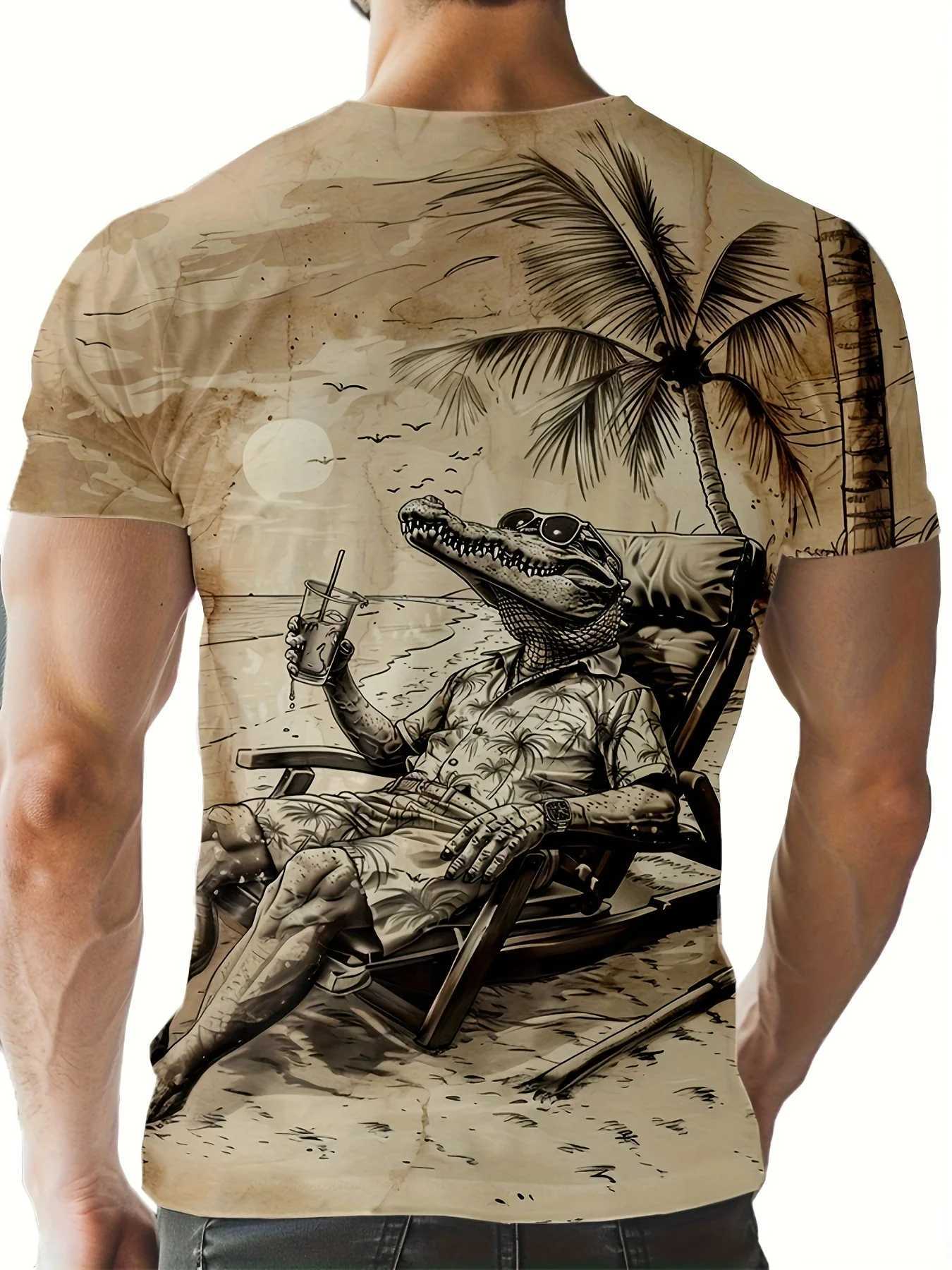 Mens crocodile pattern T-shirt short sleeved crew collar T-shirt mens summer outdoor sportswear casual T-shirt W250425