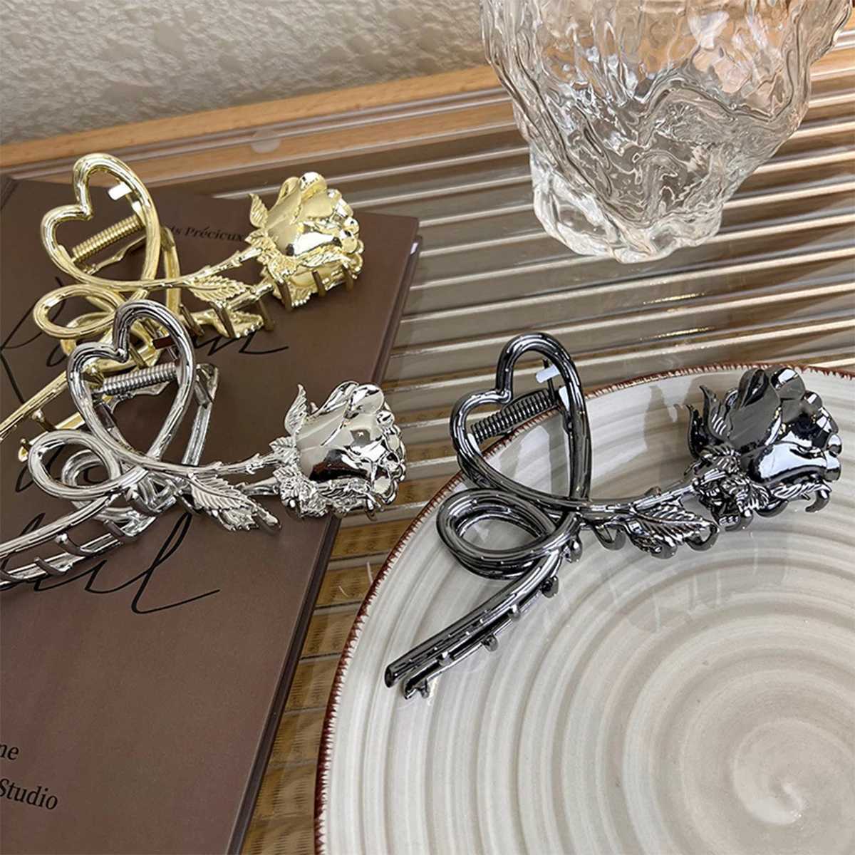 Retro style love rose big metal flat braid hair grab clip female head back shark clip headband accessoryT250425