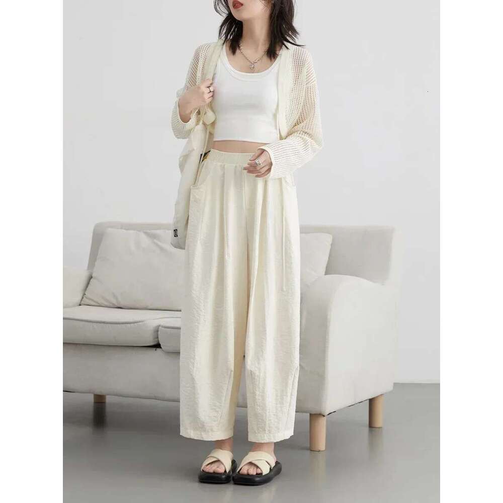 CHIC VEN Women White Pants Solid Casual Elastic Waist High Waisted Pleated Wide Leg Female Trousers Fold Summer 2025 Clothing