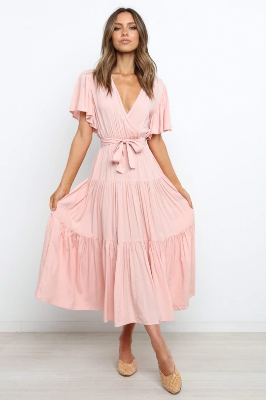 New V-neck commuter print short sleeve waist length skirt bohemian dress