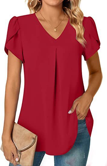 2023 Summer minimalist womens V-neck petal sleeve shirt womens shirt