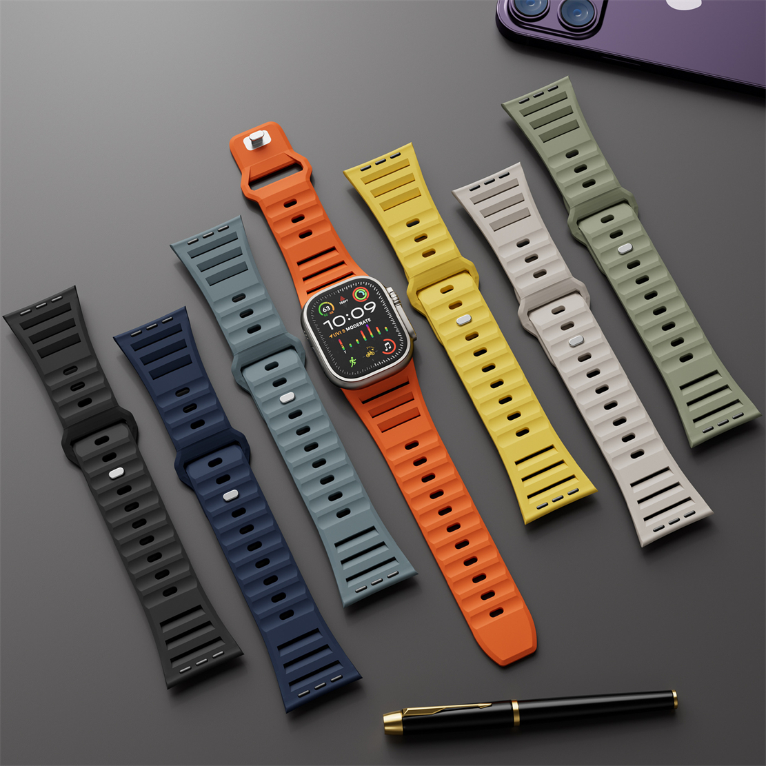 Louvered Sport Silicone Breathable Ventilate Wide Adapter 26mm Watch Strap Wristband Bracelet Smart Bands For Apple Watch Series 3 4 5 6 7 8 9 Ultra SE Ultra2 49mm