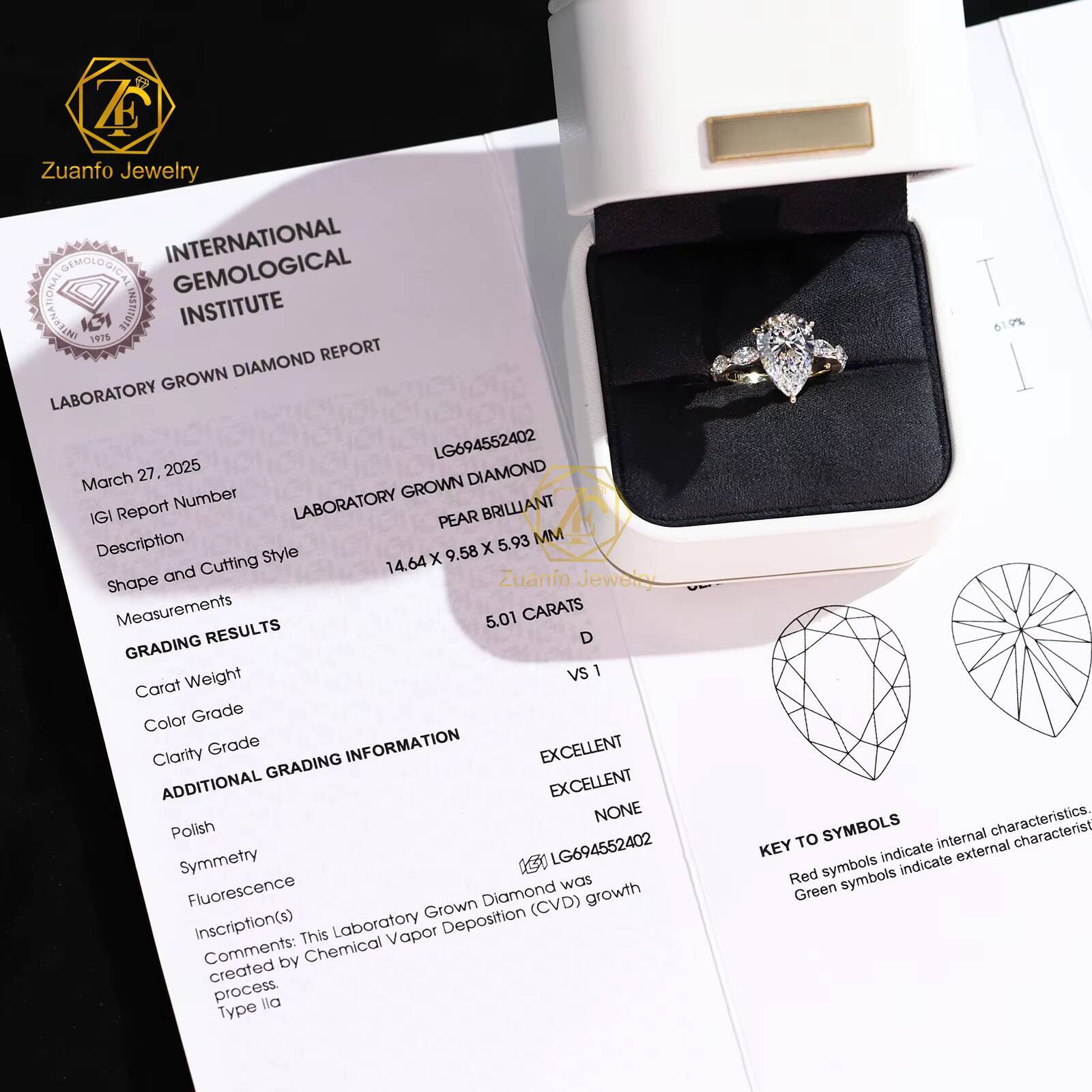 IGI Certified 5CT D VS1 Cvd Lab Grown Created Diamond 14K 18K Solid Gold Rings Pear Engagement Ring Jewelry for Women