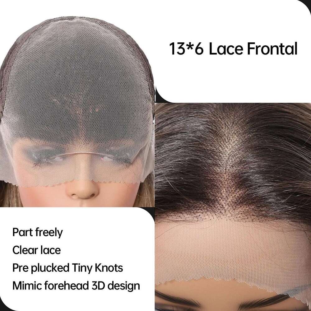 13*6 Transparent Lace Frontal Synthetic Long Straight Layered Hair Brown Blonde Highlight Wigs For Afro Women Brazilian Wig