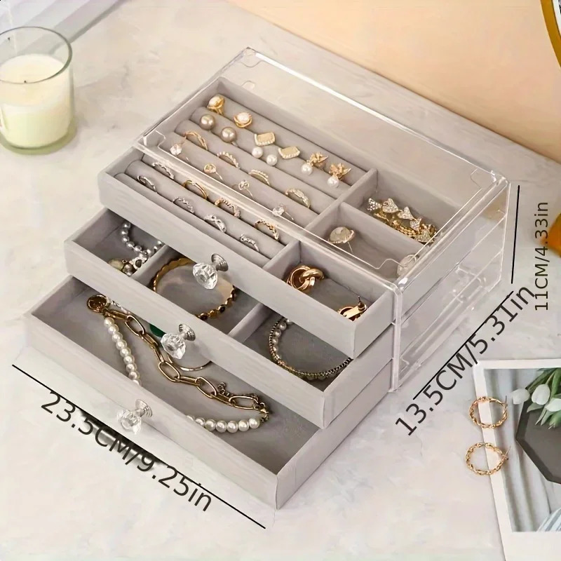 -3Tier Dust-Proof Acrylic Jewelry Organizer Box Elegant Modern Rectangular Tabletop Display Case jewelry boxes 250424