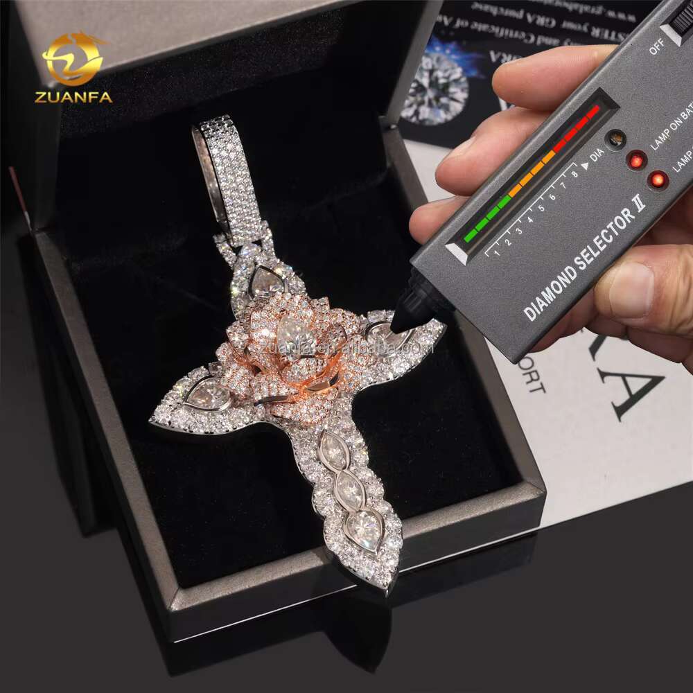 Cusrtomized Fashion Man Jewelry Rose+White Gold Color Hip Hop Pendant S925 VVS1 Moissanite Diamond Rose Flower Cross Pendant