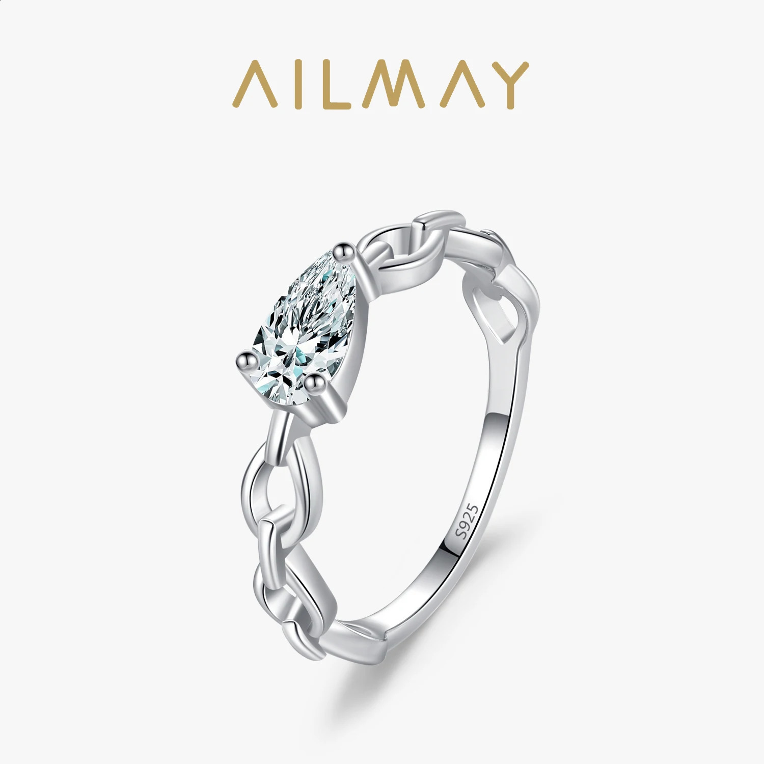 Ailmay 925 Sterling Silver Shiny Pear Shaped Zircon Cuban Chain Ring For Women Vintage Jewelry Accessories Gifts 250425