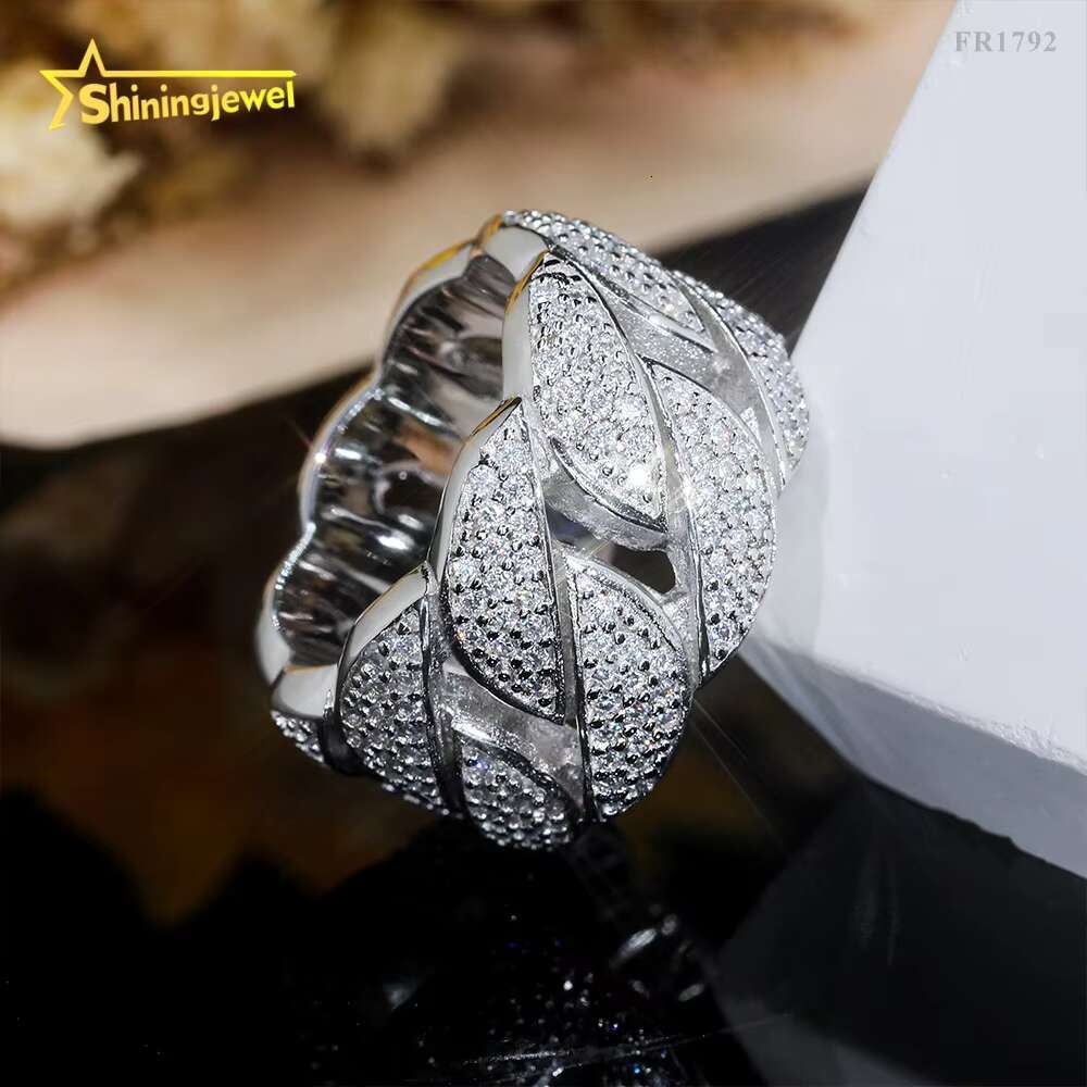 Hot Selling Iced Out Three Rows Moon Shape Cuban Ring Hip Hop Silver 925 Moissanite Men Rings