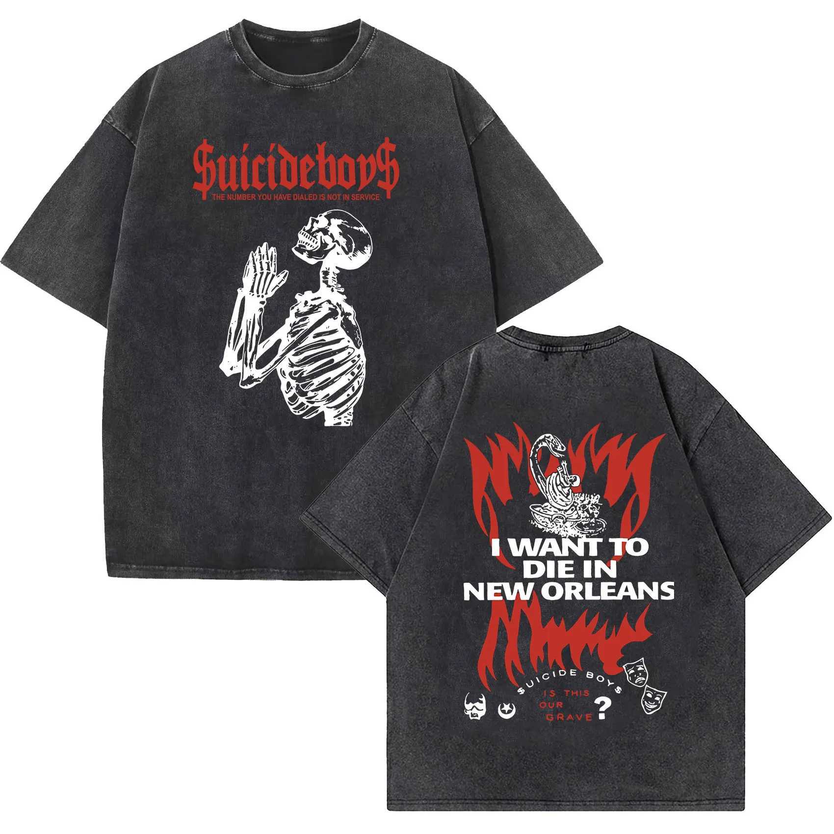 Rap singer suicide boy 2025 retro wash T-shirt mens hip-hop album punk gothic short sleeved T-shirt hip-hop streetwear W250425