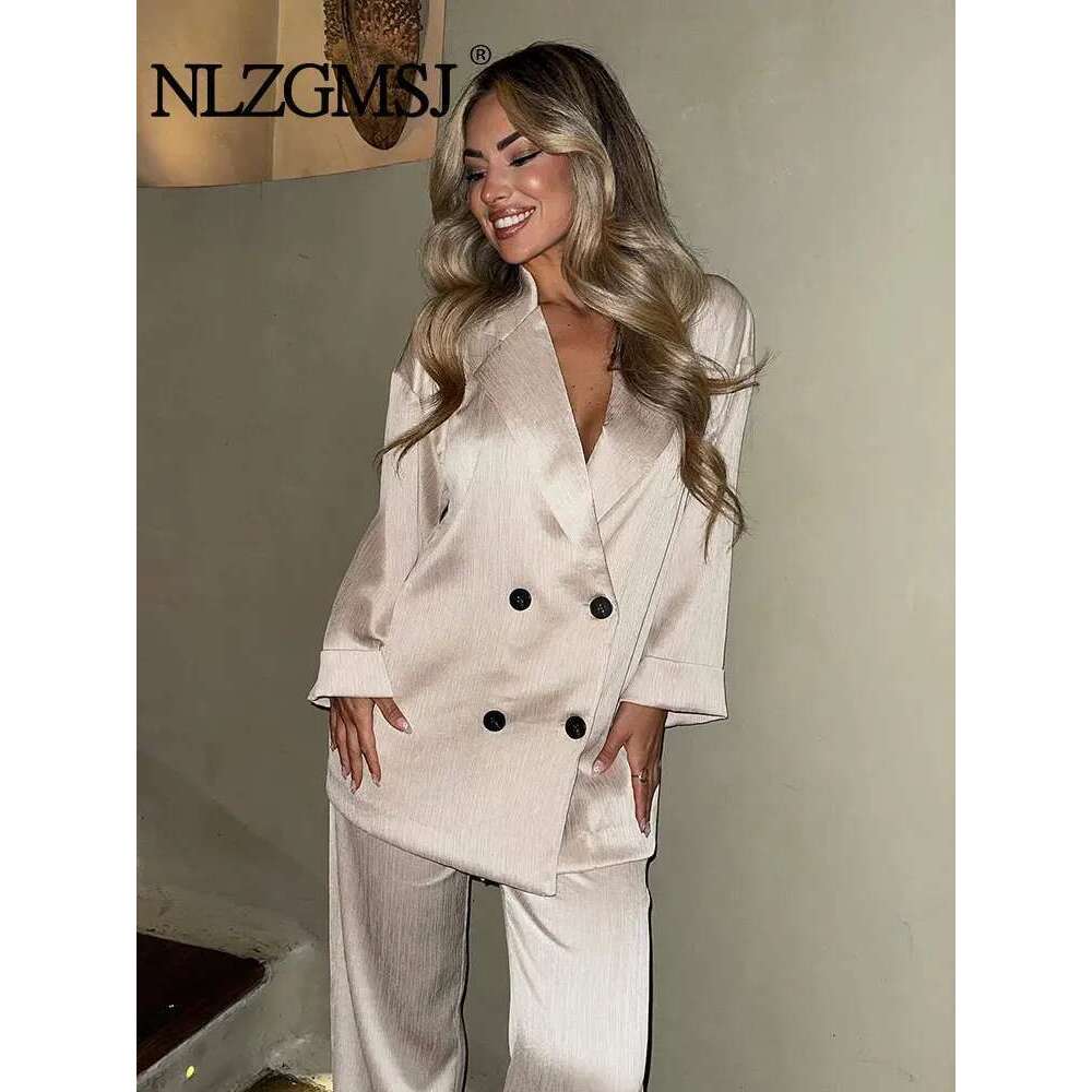 2024 Autumn Women Casual Coat Pants Set Long Sleeve Double Breasted Blazer + Wide Leg Trousers Lady Office Outfit