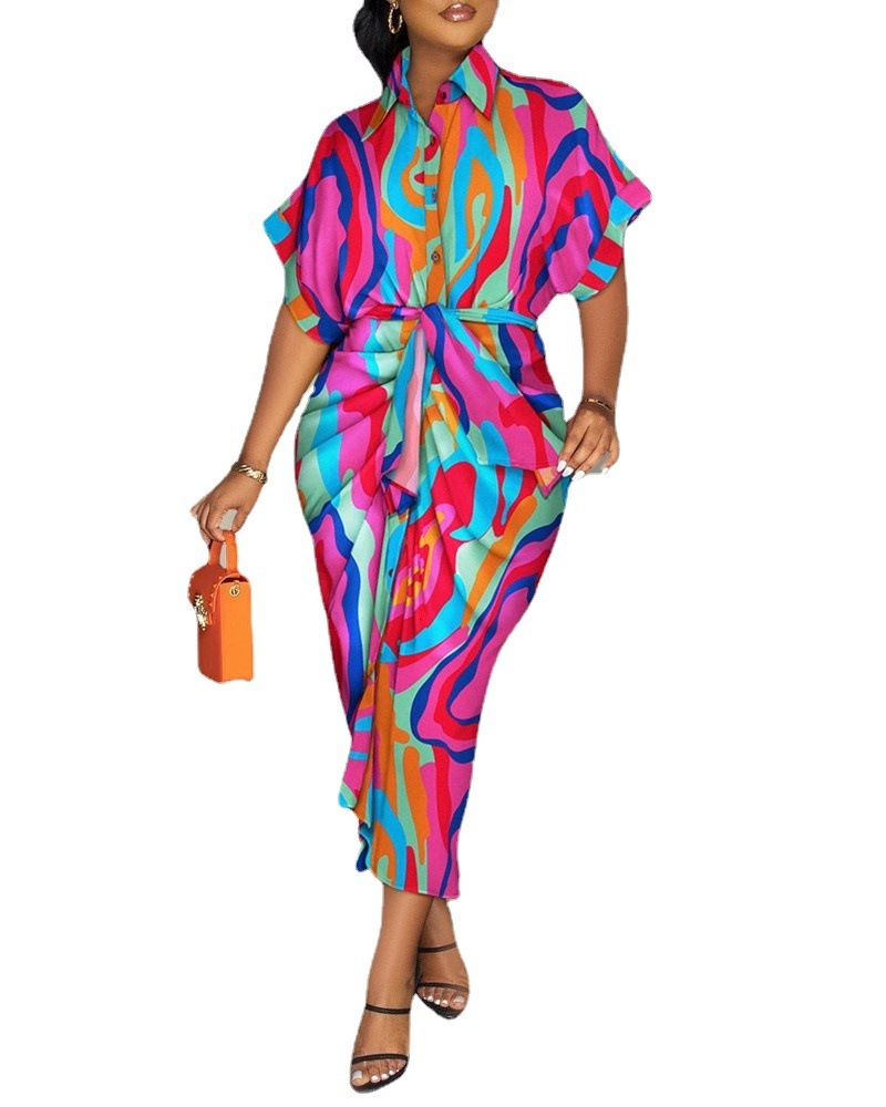 2022 Autumn Long Sleeve V-Neck Button Print Shirt Dress Women