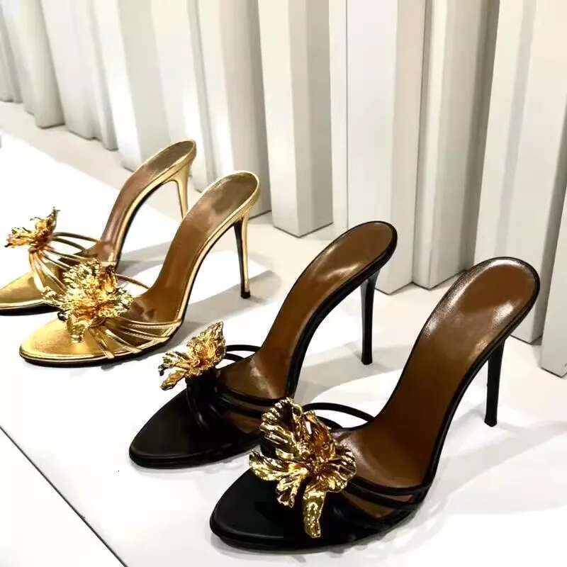Summer new patent leather metal petals belt sexy pointed fashion slippers thin high-heeled dress large size women's sandals