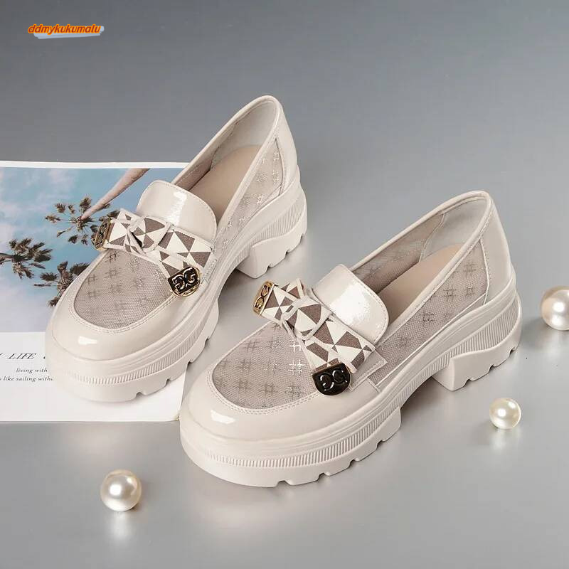 2024 Spring Female Shoes Women Fashion Mary Jane Round Toe Flats Loafers Oxfords Platform Casual Metal Chain Buckle Heels Black ddmykukumalu