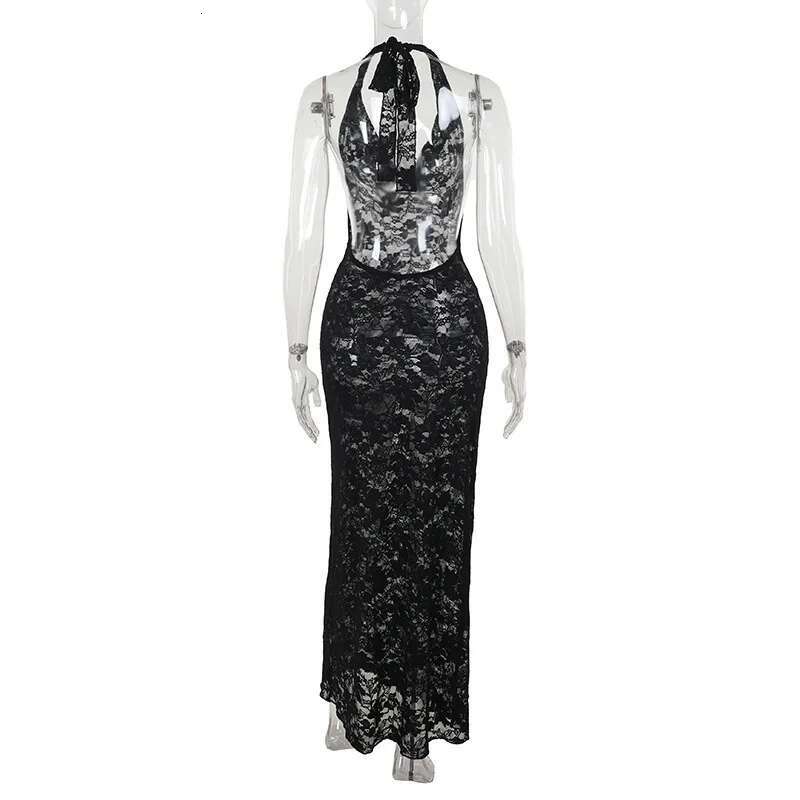 Dongdumaoyi Townlike Maxi Long Perspective Lace Slim Bodycon Dress Women Halter Summer Backless Nightclub Sexy Party Dresses
