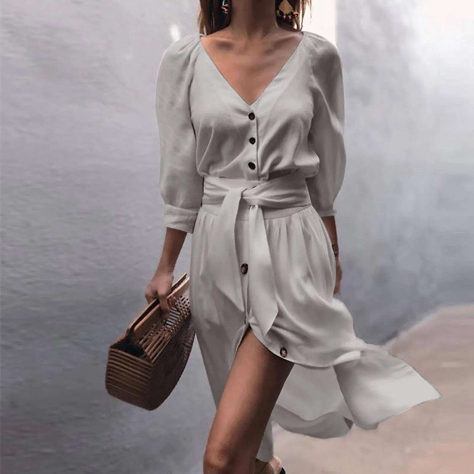 Dongdumaoyi Spring Summer New Dresses Women S Clothing Solid Color Fashion Sexy V Neck Long Single Breasted Dress Vestidos