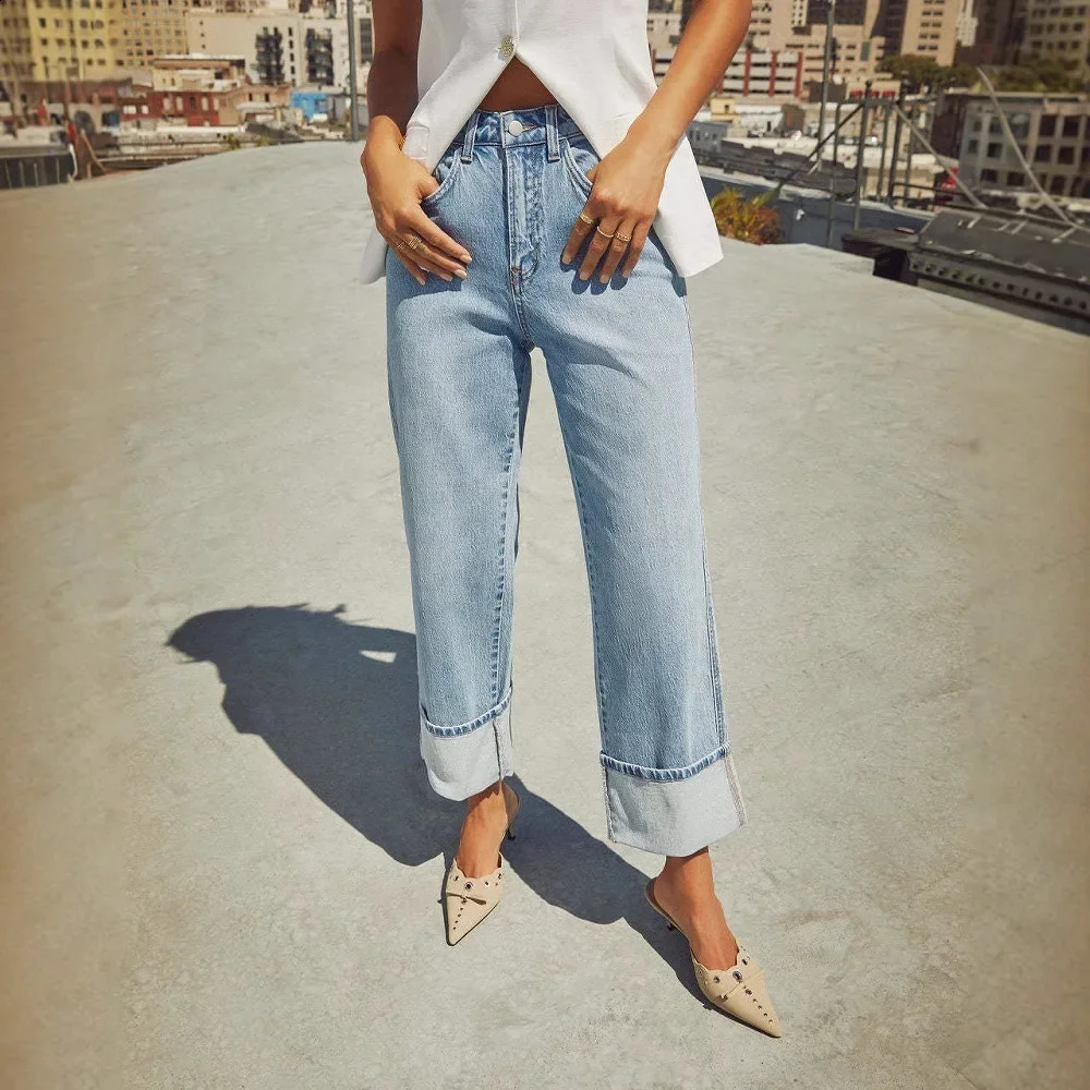 Spring 2025 womens high waisted straight leg denim jeans with elastic cuffs highquality retro style pants fashionable and casual 250420