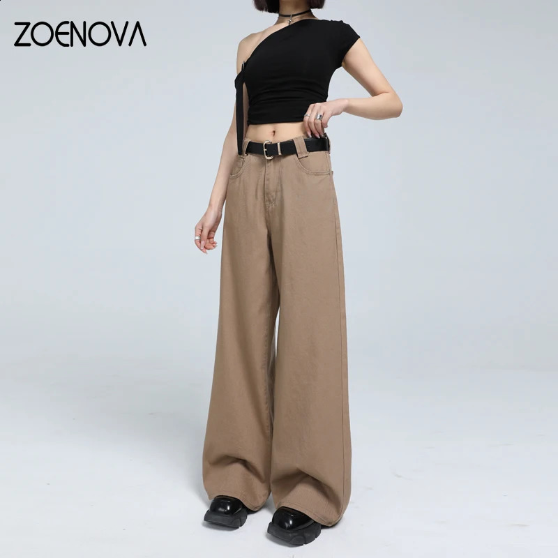 Zoenova Retro American Brown Pocket Jeans Spring Loose Straight Wide Leg Pants Casual Edition Y2K Freight Cowboy Trousers 250417