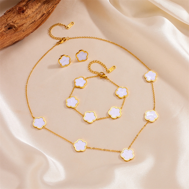 Stainless Steel Five-petal Flower Five-leaf Clover Shell Pearl Bracelet Earrings Necklace Jewelry set for woman Stylish Accessories Party Desinger Jew