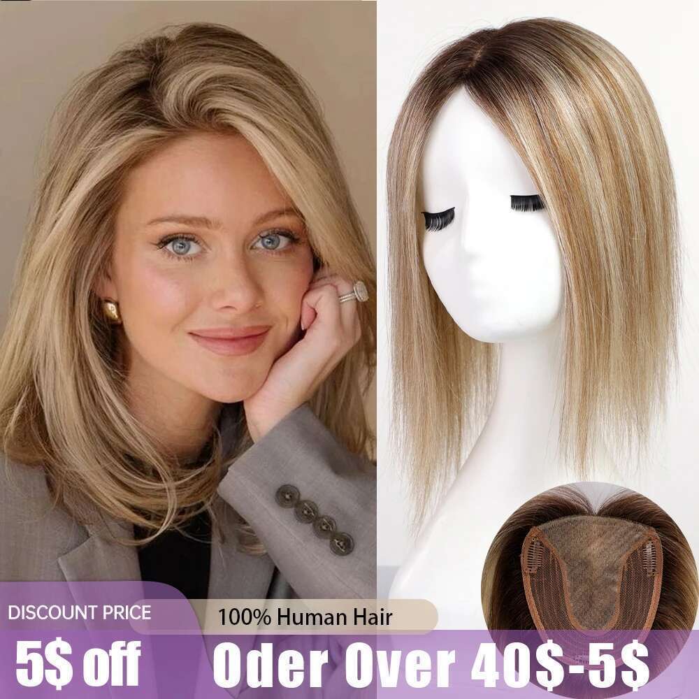 Blonde Gray Brown For Women 100% Remy Human Hairpieces Silk Base Clips In Hair Straight 12Inches Toppers