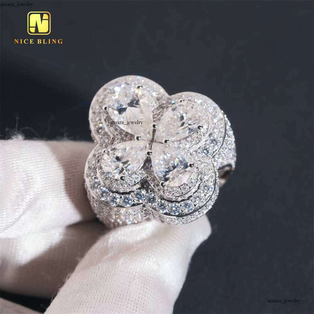 VVS Moissanite Dashi Hui Shi Champion Flower Design Clover Pear Popular Product 2025 925 Ring Men's Hip Hop Boutique Jewelry